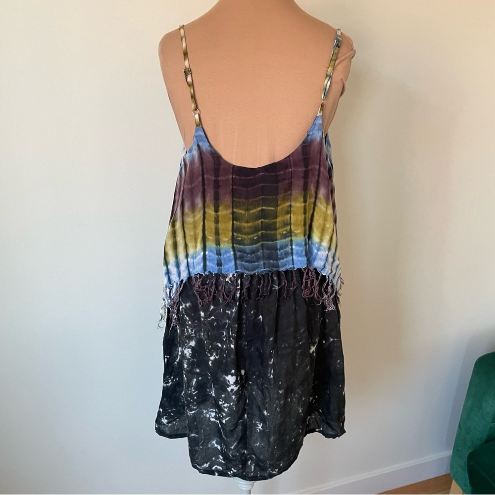 Santiki Indonesia Tie Dye Multicolor Rayon Fringe Detail Mini Dress Size Small - Picture 3 of 8